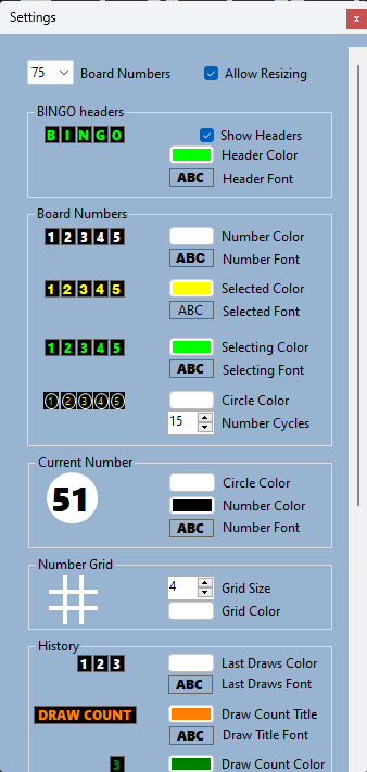 Bingo-tainment settings for colors, fonts, number styling, grid size, and history
