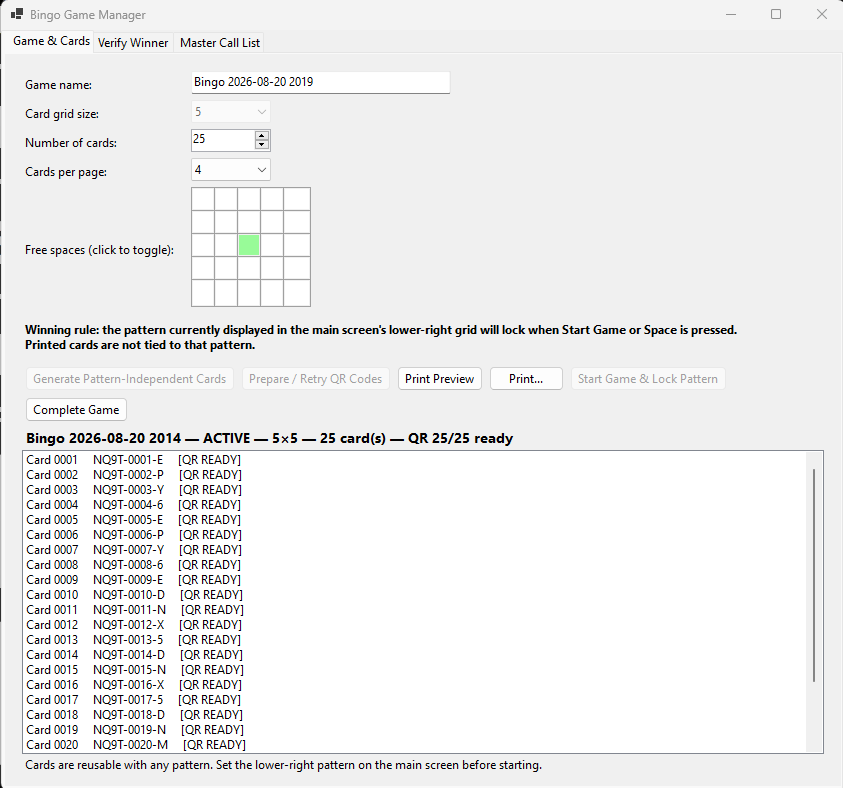 Bingo Game Manager showing card setup, free spaces, printing, and QR preparation