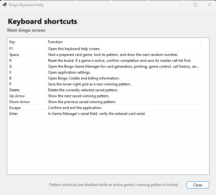 Bingo-tainment keyboard shortcut reference