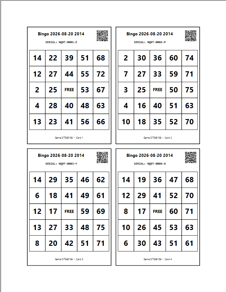Four serial-numbered printable bingo cards with QR codes