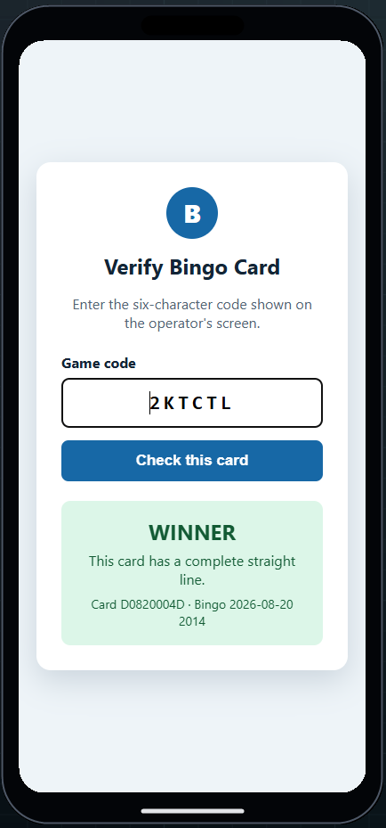 Mobile verification showing a winning bingo card
